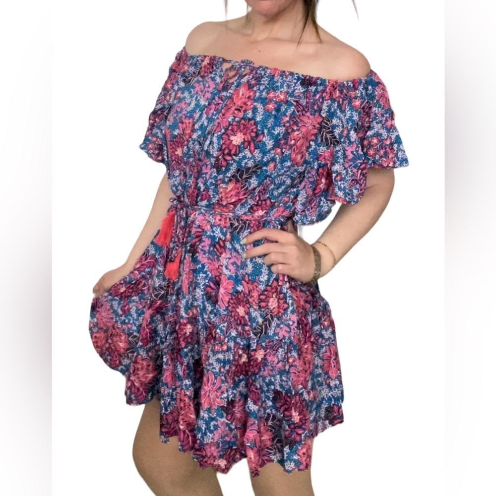 Rachel Roy Floral off shoulder tie waist tassel sun dress M - Picture 2 of 11